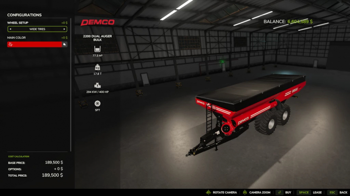 fs25-mods,  FS25 mod in Farming Simulator 25 featuring the Demco Series 2200 Bulk trailer in a warehouse setting with configuration details.