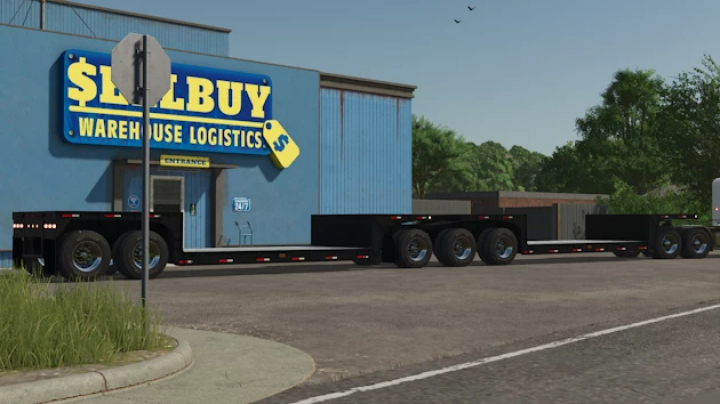 fs25-mods,  Farming Simulator 25 mods: Image of a large flatbed trailer parked near a warehouse with a ShelfBuy sign in the game.
