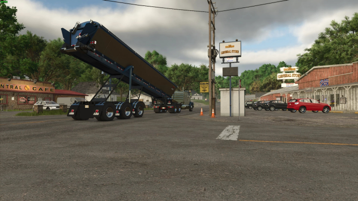 fs25-mods, Farming Simulator 25 mod: Truck with unloading trailer, FS25 ABS LRC448 Rear Lift v1.0.0.0 in a town setting.