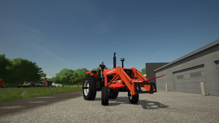 fs25-mods, Farming Simulator 25 mod featuring the FS25 DU-AL Loader v1.0.0.0 on a tractor near a farm building, showcasing farming equipment for FS25 mods.