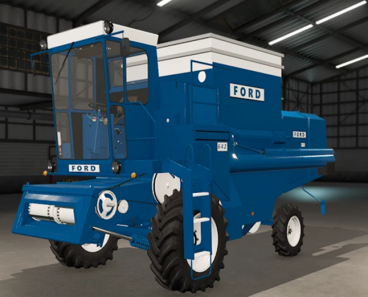 fs25-mods, FS25 Ford/Claas 642 combine mod in Farming Simulator 25, detailed blue harvest machine with white accents, suitable for realistic farming gameplay.
