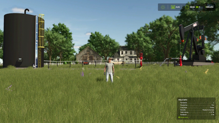 fs25-mods,  Farming Simulator 25 mod scene with an oil well, oil tank, and pump jack on green farmland, part of FS25 mods.