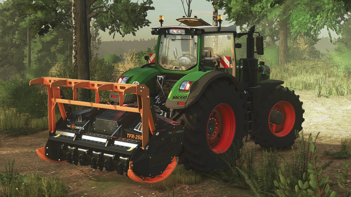 fs25-mods,  Farming Simulator 25 mods: Green tractor with orange mower attachment in farmland setting.