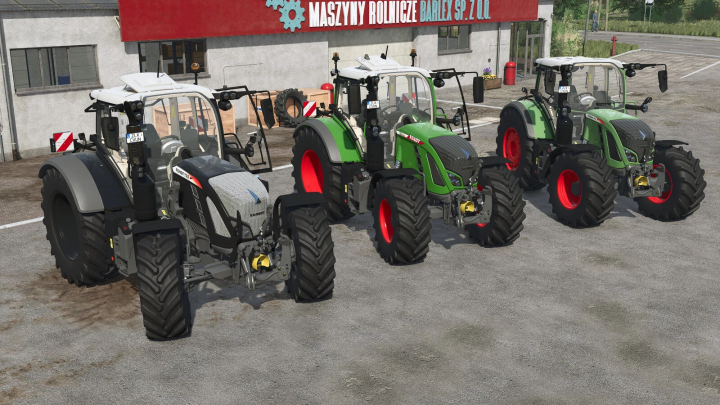 fs25-mods, Lineup of three Fendt 700 Vario Series tractors in Farming Simulator 25, showcasing mod details for realistic gameplay.