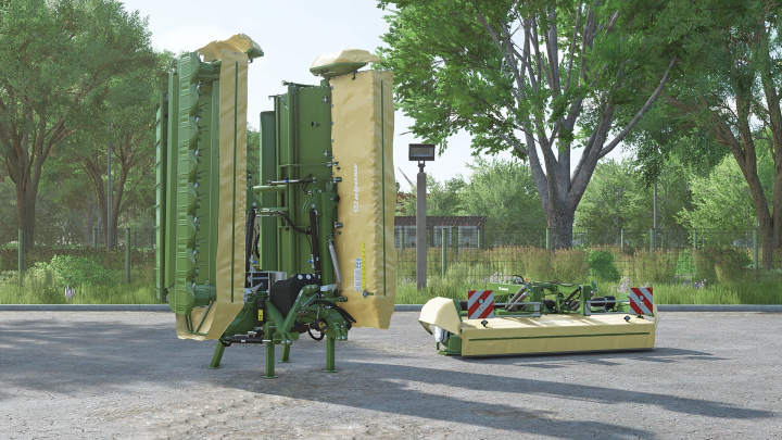 fs25-mods, Fendt Slicer v1.0.0.0 mod for Farming Simulator 25, showing large green and beige mowing equipment on a paved area outdoors.