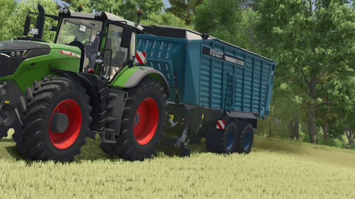 fs25-mods,  Fendt Tigo75VR mod attached to a green tractor in Farming Simulator 25, used for farming tasks, with lush green trees in the background.
