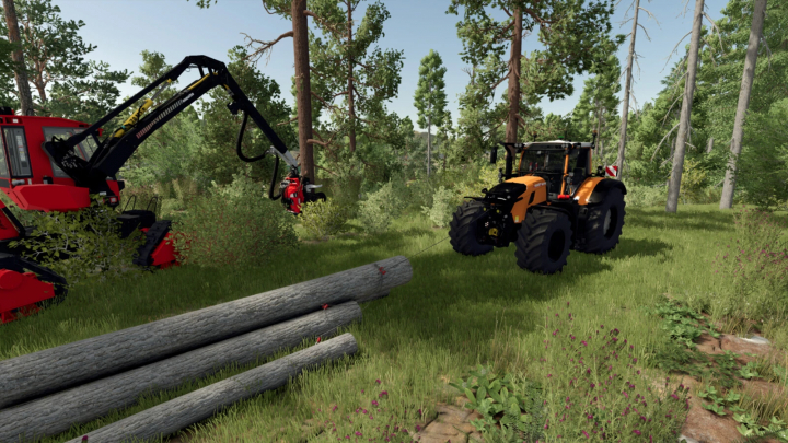 fs25-mods, Farming Simulator 25 mod image showing a logging scene with a red forestry machine, a tractor, and logs in a forest environment.