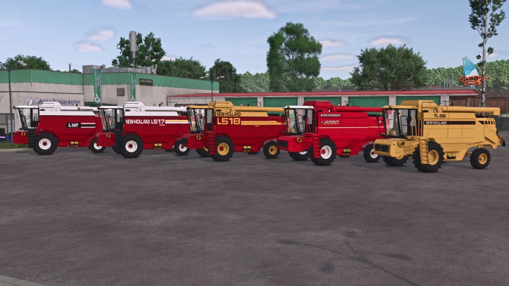 fs25-mods, Lineup of Fiat, New Holland, and Laverda construction mods from Farming Simulator 25, featuring vintage-style machinery.