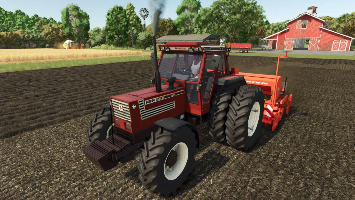 fs25-mods,  Farming Simulator 25 mod featuring a red Fiatagri 140-90 tractor with plow attachment, driving on farmland. Suitable for FS25 mods.