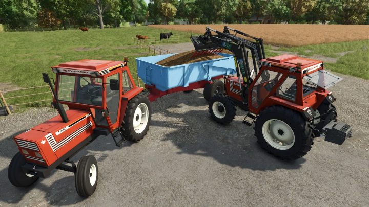 fs25-mods, Farming Simulator 25 mods featuring a Fiatagri 90 Series tractor with a trailer and loader attachment in a farm setting.