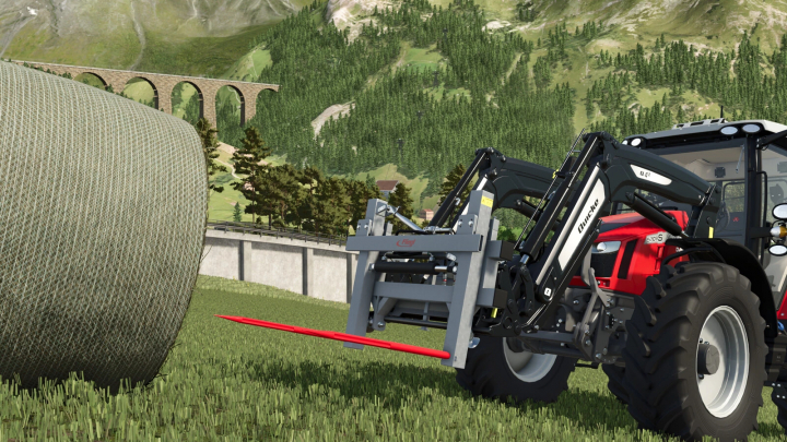 fs25-mods,  Farming Simulator 25 mod image showing a tractor with Fliegl Bale Tools Pack attachment handling a large hay bale in a rural landscape.