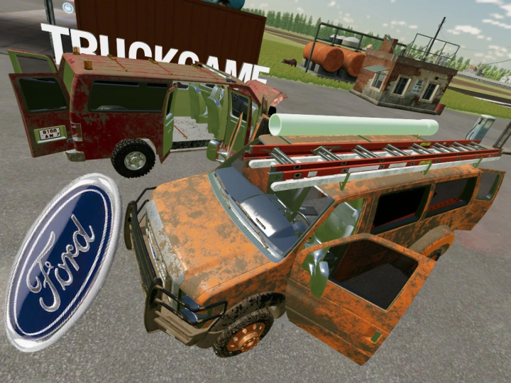 fs22-mods, Rusty orange Ford E350 Super Duty 2016 van with ladder and pipe on top, open doors, in Farming Simulator 22 mod scene, with a Ford logo overlay.