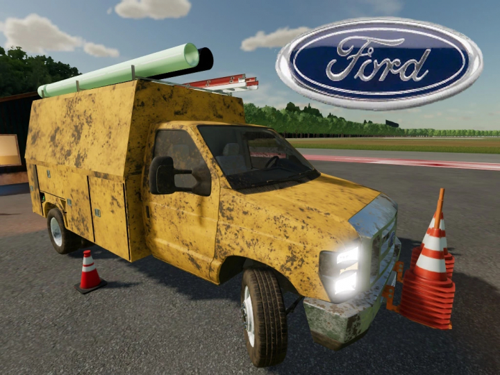 fs22-mods, Farming Simulator 22 mod featuring a worn yellow service truck with cones and tools, resembling a Ford Econoline E450 Service 2011 vehicle.