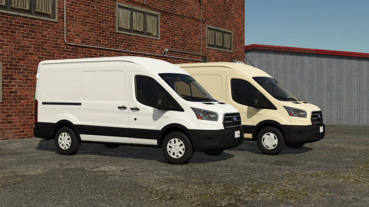 fs25-mods,  FS25 mods - Ford Transit MK8 v1.5.0.0 vans parked beside a brick building in Farming Simulator 25.