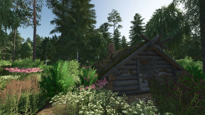 fs25-mods, A rustic wooden cabin in a lush forest environment from Farming Simulator 25 mods, part of Forest Valley v1.0.1.0.