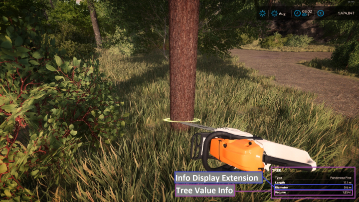 fs25-mods, Farming Simulator 25 mods: Using a chainsaw to cut a Ponderosa Pine tree with Forestry Helper v1.0.0.2 mod. Tree value info displayed on screen.