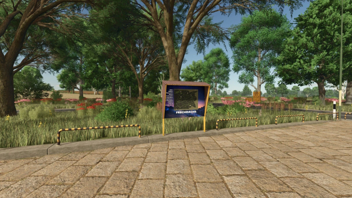 fs25-mods, Farming Simulator 25 mod image of FrechDachs Map 4x v1.2.0.0, showing a lush green park with trees, flowers, and an info board.