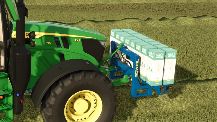 fs25-mods, Farming Simulator 25 mod showing a John Deere tractor with a Göweil GFM seed planter attached, in a grassy field.