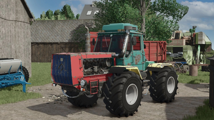 fs25-mods,  Farm machinery from FS25 mods, HTZ T150K D260 v1.0.0.0 tractor on a farm yard.