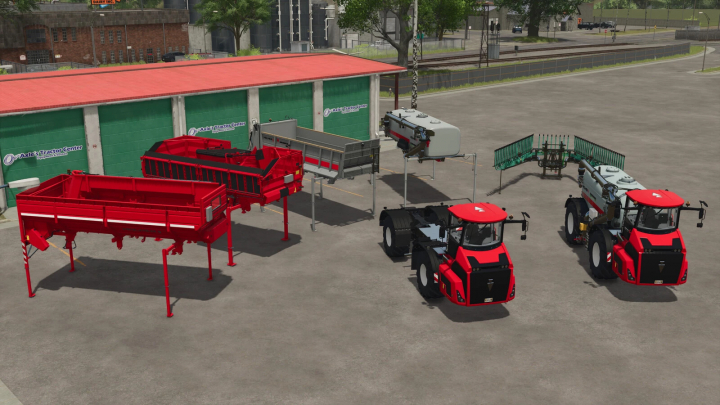 fs25-mods,  Image of farming equipment including two red tractors and various farm trailers, in front of a building labeled Axle's Tractor Center, for FS25 mods.