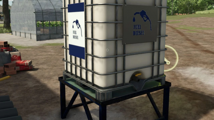 fs25-mods, Farming Simulator 25 mod: Homemade Fuel Tank for diesel, with a metal cage, on a stand in a farmyard.