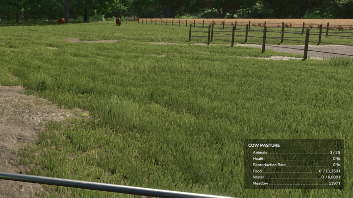 fs25-mods, Farming Simulator 25 mod showing a cow pasture with animal stats overlay, part of the Info Display Extension v1.2.0.0 mod.