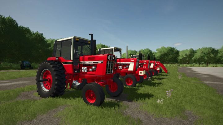 fs25-mods,  Lineup of red tractors in Farming Simulator 25 with FS25 mods, showcasing the International 86 Series Overhauled v1.0.0.0 mod.