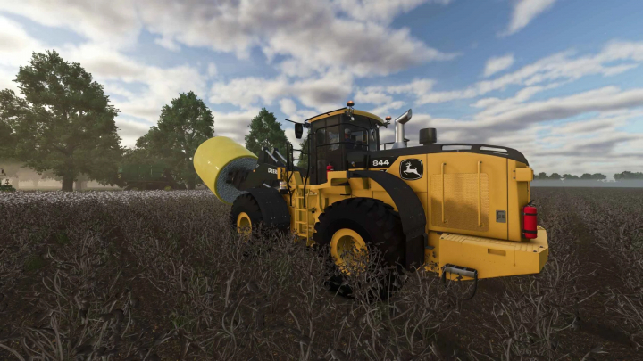 fs25-mods,  Farming Simulator 25 mod featuring a John Deere 844P bulldozer working in a field with trees and a cloudy sky.