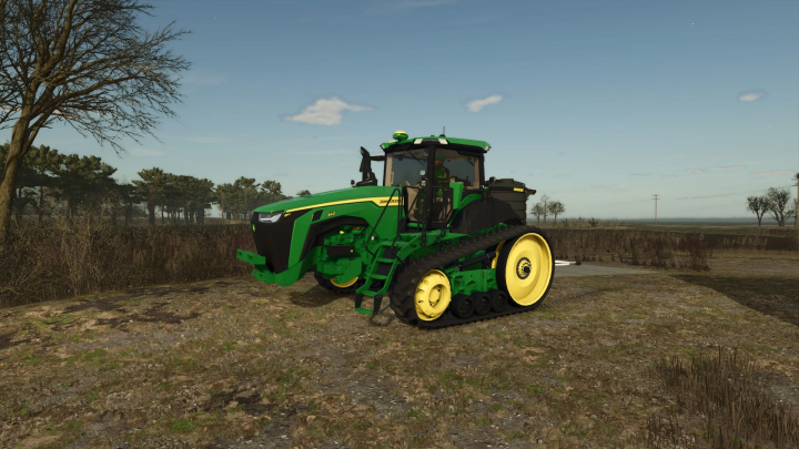 fs25-mods,  Farming Simulator 25 mod: John Deere 8RT tractor with tracks on a farmland during daytime, realistic off-road vehicle model for FS25 mods.