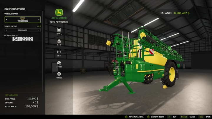 fs25-mods, Farming Simulator 25 mod: John Deere Precision Farming Sprayers 1.1.0.0 in-game screenshot showing configuraion options and a green sprayer vehicle in a warehouse.