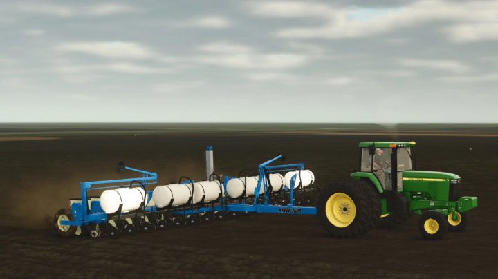 fs25-mods,  John Deere tractor pulling a blue Kinze 16/31 Row Planter mod with white seed tanks in Farming Simulator 25.