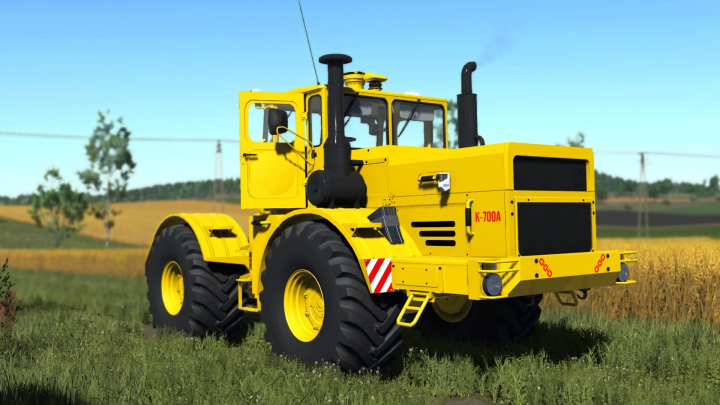 fs25-mods, Farming Simulator 25 mod: Kirovets K-700A/701 tractor in yellow, shown on a farm field, ideal for FS25 mods and farming tasks.
