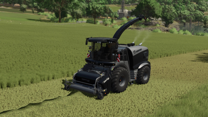 fs25-mods, Farming Simulator 25 mod: Krone BigX 1180 Pack v1.0.1.0, a large forage harvester working in a field with green grass and trees, realistic gameplay.