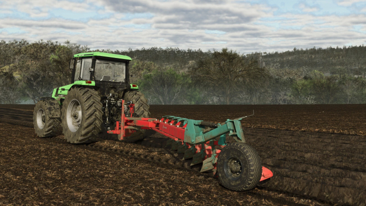 fs25-mods, Farming Simulator 25 mod: Kverneland BE 6(F) implement attached to a tractor working on farmland.