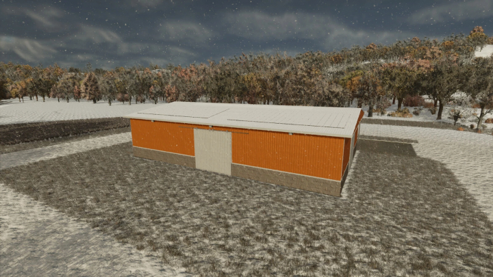 fs25-mods, Large Machine and Implement Shed in Farming Simulator 25, surrounded by snow and trees, ideal for FS25 mods.