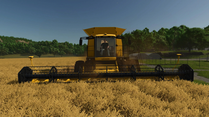 fs25-mods,  Farming Simulator 25 mod: Lexion 560-590 US harvester in a wheat field, realistic farming gameplay from FS25 mods.