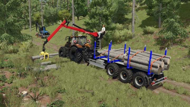 fs25-mods, Farming Simulator 25 mod: Lizard Forest Trailer Pack v1.0.0.0 with logging trailer carrying logs, tractor with crane for forestry work.