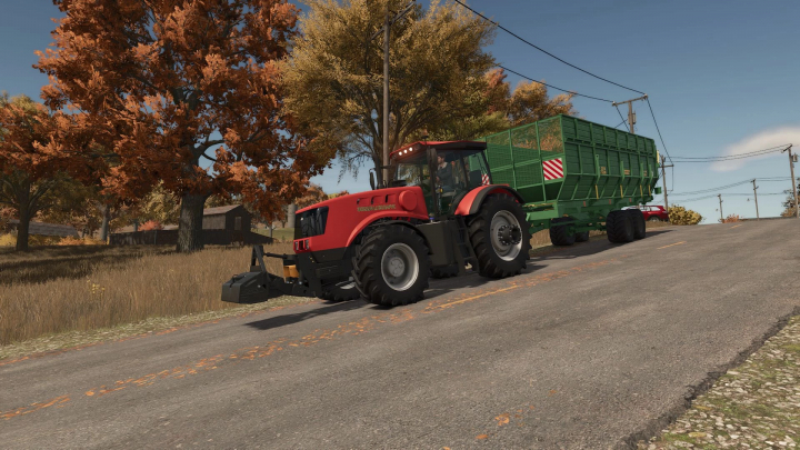 fs25-mods,  Farming Simulator 25 mod featuring a red MTZ 3022 tractor with a green trailer on a rural road, autumn trees in the background.