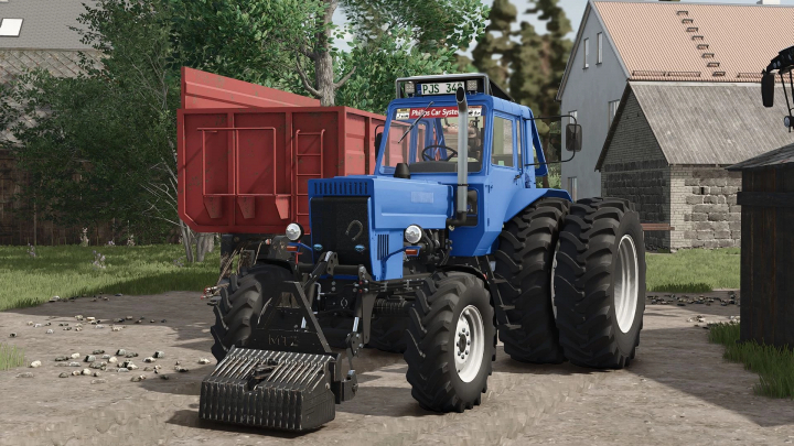 fs25-mods, Farming Simulator 25 mod featuring the MTZ 82 Turbo tractor with a red trailer, realistic farm environment, part of FS25 mods.