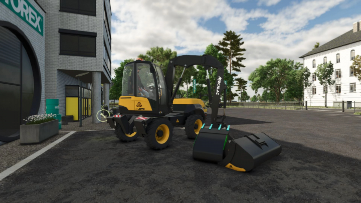 fs25-mods, In-game screenshot of a Mecalac MTX12 loader mod for Farming Simulator 25 parked outside a building with green trees and cars in the background.