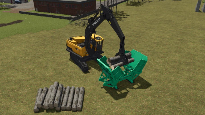 fs25-mods, Farming Simulator 25 mod: Volvo excavator with log loader attachment, lifting logs into a green log collector on a field.