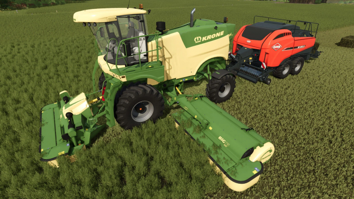 fs25-mods, FS25 mod: Krone mower and wrapper with hitch attached to a large farming vehicle on a green field.