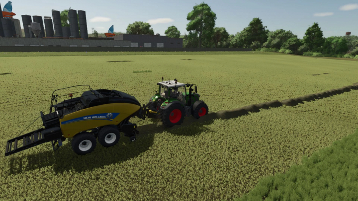 fs25-mods, Farming Simulator 25 mod: New Holland BB1290 baler being used in a green field, with a tractor pulling the baler during harvesting.
