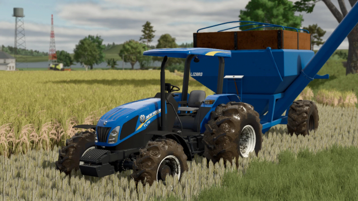 fs25-mods,  Farming Simulator 25 mod: New Holland TL Exitus Series 2014 tractor with grain trailer in a field.