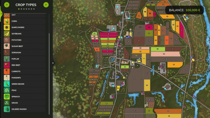 fs25-mods, Farming Simulator 25 map showing various crop fields with different colored areas, and a crop types menu on the side.