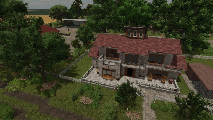 fs25-mods, A farm house with a red roof, surrounded by trees and a white fence, from the Farming Simulator 25 Nordkirchen Map mod.