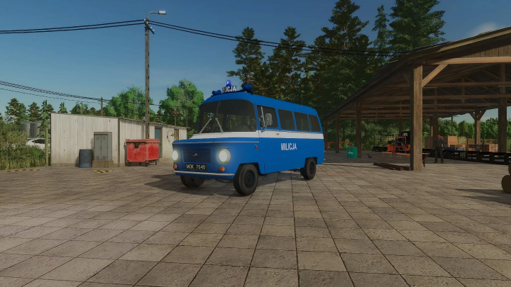 fs25-mods, Farming Simulator 25 mod featuring a blue Milicja Nysa 522 vehicle in a rural yard setting.