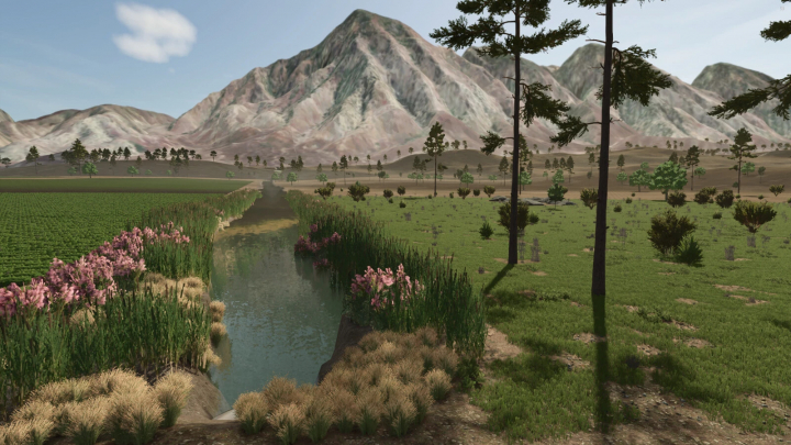 fs25-mods, Farming Simulator 25 mod showcasing a scenic landscape with mountains, green fields, a river, and tall trees in Oak City v1.0.0.0.