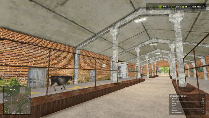 fs25-mods, In-game screenshot of a rustic barn with a cow inside, featuring old brick walls and metal railings, from Farming Simulator 25 mods, Old barn v1.1.0.0.