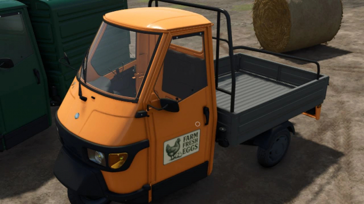 fs25-mods,  Farming Simulator 25 mod: Piaggio Ape 50 Van/Cross in orange with 'Farm Fresh Eggs' sign, compact utility vehicle for farming tasks.
